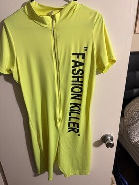 Neon Yellow 'FASHION KILLER' Zip Front Romper